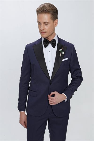 Slim Fit Çıkarılabilir Saten Yaka Lacivert Damatlık Smokin Takım Black 062