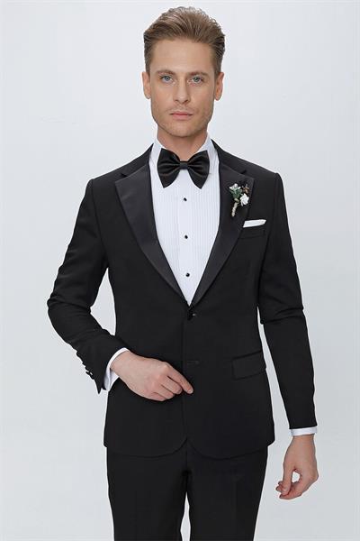 Slim Fit Çıkarılabilir Saten Yaka Siyah Damatlık Smokin Takım Black 067