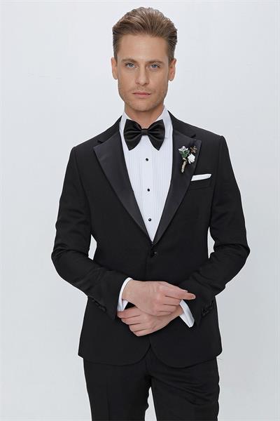 Slim Fit Çıkarılabilir Saten Yaka Siyah Damatlık Smokin Takım Black 067