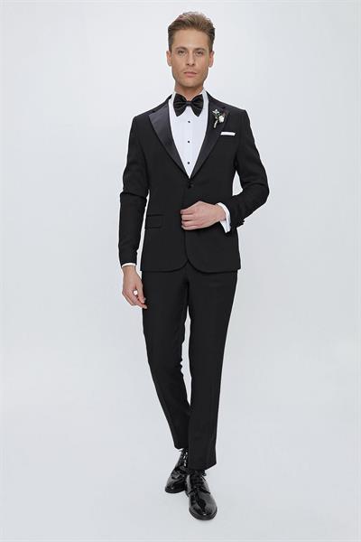 Slim Fit Çıkarılabilir Saten Yaka Siyah Damatlık Smokin Takım Black 067