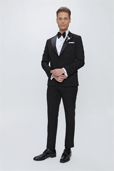 Slim Fit Çıkarılabilir Saten Yaka Siyah Damatlık Smokin Takım Black 067