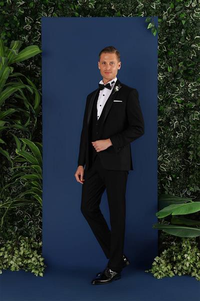 Slim Fit Çıkarılabilir Saten Yaka Doku Desenli Yelekli Siyah Damatlık Smokin Takım Elbise Black 069