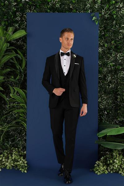 Slim Fit Çıkarılabilir Saten Yaka Doku Desenli Yelekli Siyah Damatlık Smokin Takım Elbise Black 069