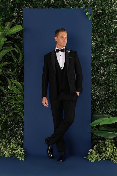 Slim Fit Çıkarılabilir Saten Yaka Doku Desenli Yelekli Siyah Damatlık Smokin Takım Elbise Black 069