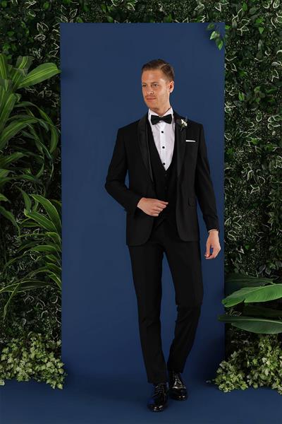 Slim Fit Çıkarılabilir Saten Yaka Doku Desenli Yelekli Siyah Damatlık Smokin Takım Elbise Black 069