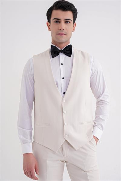 Slim Fit Çıkarılabilir Saten Yaka Doku Desenli Yelekli Krem Damatlık Smokin Takım Elbise Black 069
