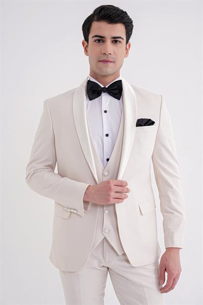 Slim Fit Çıkarılabilir Saten Yaka Doku Desenli Yelekli Krem Damatlık Smokin Takım Elbise Black 069