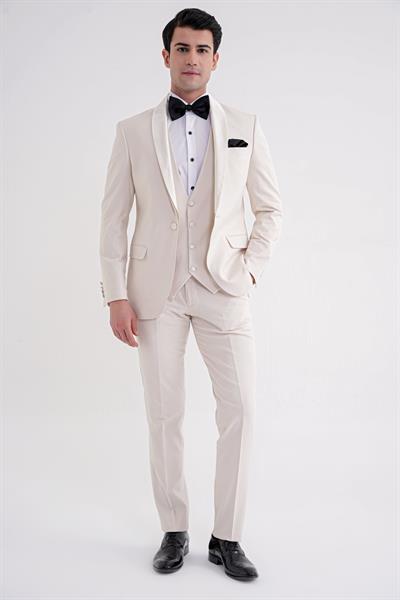 Slim Fit Çıkarılabilir Saten Yaka Doku Desenli Yelekli Krem Damatlık Smokin Takım Elbise Black 069