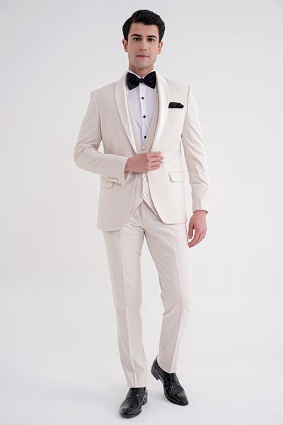 Slim Fit Çıkarılabilir Saten Yaka Doku Desenli Yelekli Krem Damatlık Smokin Takım Elbise Black 069