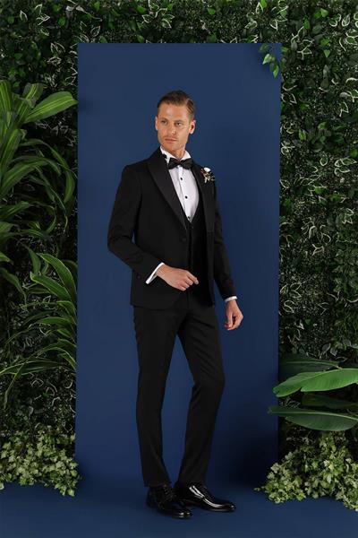 Slim Fit Yelekli Çıkarılabilir Saten Yaka Siyah Damatlık Smokin Takım Black 070
