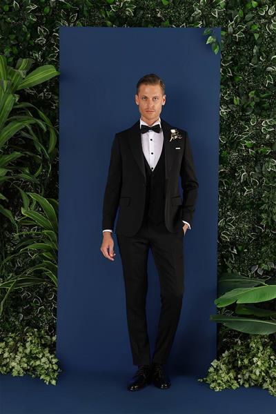 Slim Fit Yelekli Çıkarılabilir Saten Yaka Siyah Damatlık Smokin Takım Black 070