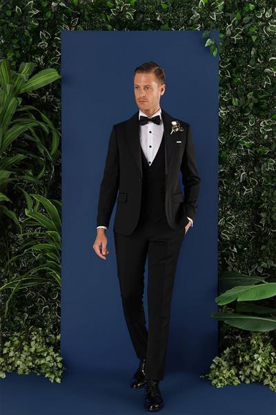 Slim Fit Yelekli Çıkarılabilir Saten Yaka Siyah Damatlık Smokin Takım Black 070
