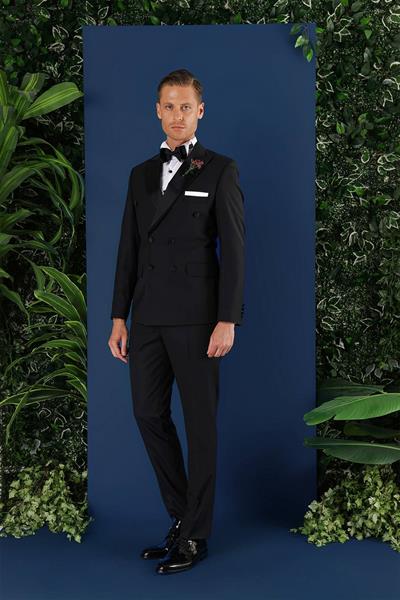 Slim Fit Çıkarılabilir Saten Yaka Kruvaze Siyah Damatlık Smokin Takım Black 071