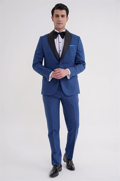 Slim Fit Çıkarılabilir Şal Saten Yaka Parlement Yelekli Damatlık Smokin Takım Black 072