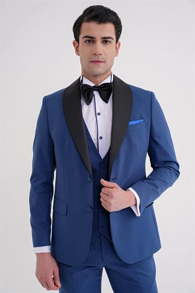 Slim Fit Çıkarılabilir Şal Saten Yaka Parlement Yelekli Damatlık Smokin Takım Black 072