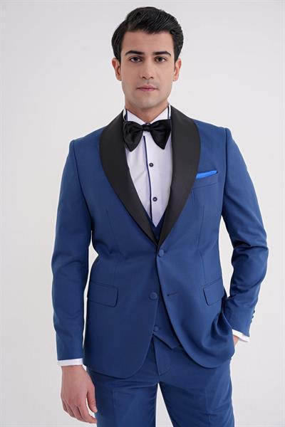 Slim Fit Çıkarılabilir Şal Saten Yaka Parlement Yelekli Damatlık Smokin Takım Black 072