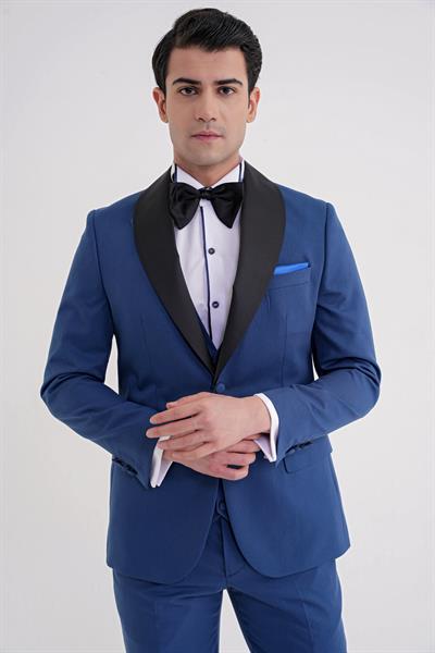 Slim Fit Çıkarılabilir Şal Saten Yaka Parlement Yelekli Damatlık Smokin Takım Black 072