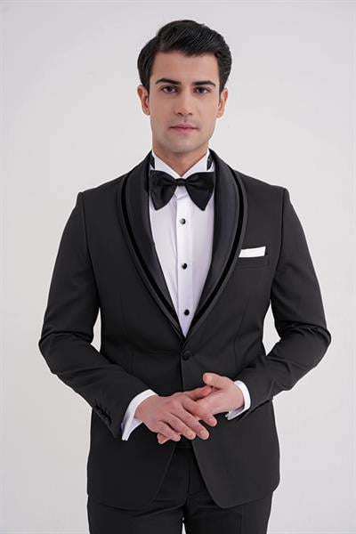 Slim Fit Çıkarılabilir Saten Yaka Tek Düğme Siyah Damatlık Smokin Takım Black 073
