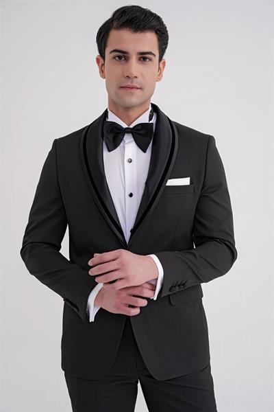 Slim Fit Çıkarılabilir Saten Yaka Tek Düğme Siyah Damatlık Smokin Takım Black 073