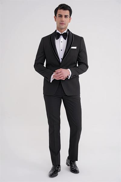 Slim Fit Çıkarılabilir Saten Yaka Tek Düğme Siyah Damatlık Smokin Takım Black 073