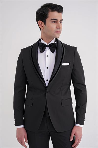 Slim Fit Çıkarılabilir Saten Yaka Tek Düğme Siyah Damatlık Smokin Takım Black 073