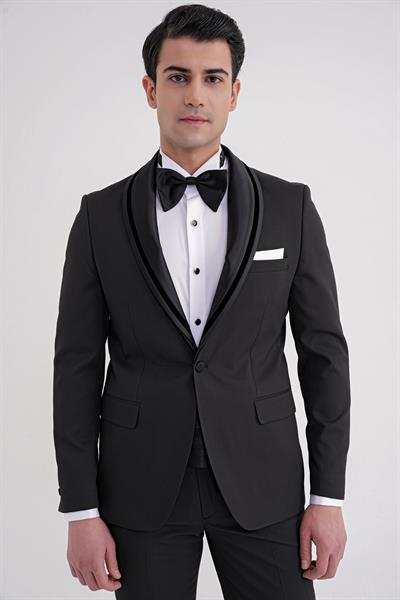 Slim Fit Çıkarılabilir Saten Yaka Tek Düğme Siyah Damatlık Smokin Takım Black 073