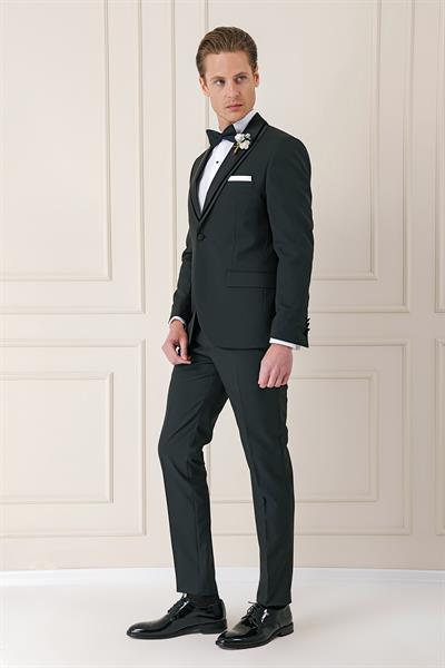 Slim Fit Çıkarılabilir Saten Yaka Siyah Damatlık Smokin Takım Black 075