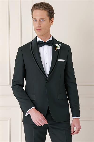 Slim Fit Çıkarılabilir Saten Yaka Siyah Damatlık Smokin Takım Black 075