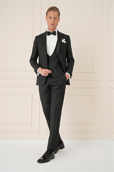 Slim Fit Çıkarılabilir Saten Yaka Yelekli Siyah Damatlık Smokin Takım Black 077