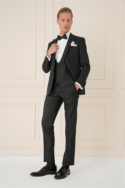 Slim Fit Çıkarılabilir Saten Yaka Yelekli Siyah Damatlık Smokin Takım Black 077
