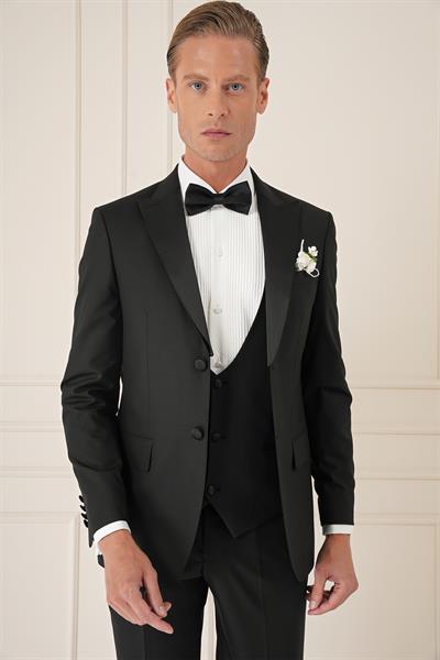 Slim Fit Çıkarılabilir Saten Yaka Yelekli Siyah Damatlık Smokin Takım Black 077