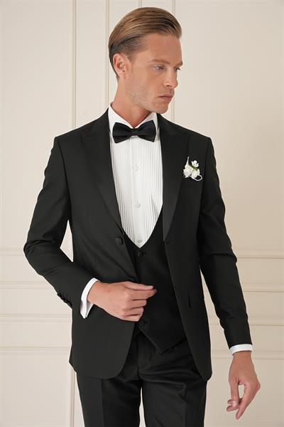 Slim Fit Çıkarılabilir Saten Yaka Yelekli Siyah Damatlık Smokin Takım Black 077