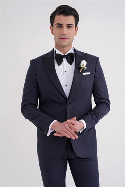 Slim Fit Çıkarılabilir Saten Yaka Yelekli Lacivert Damatlık Smokin Takım Black 077