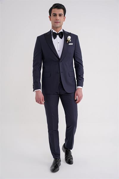 Slim Fit Çıkarılabilir Saten Yaka Yelekli Lacivert Damatlık Smokin Takım Black 077
