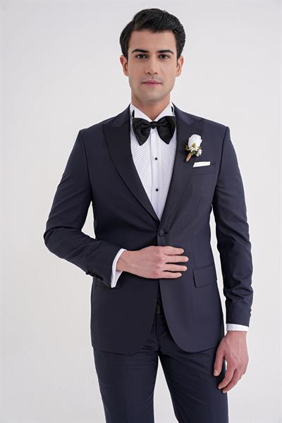 Slim Fit Çıkarılabilir Saten Yaka Yelekli Lacivert Damatlık Smokin Takım Black 077