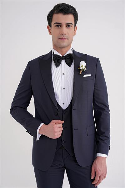 Slim Fit Çıkarılabilir Saten Yaka Yelekli Lacivert Damatlık Smokin Takım Black 077