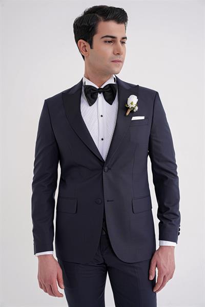 Slim Fit Çıkarılabilir Saten Yaka Yelekli Lacivert Damatlık Smokin Takım Black 077