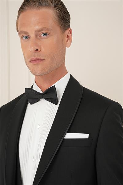 Slim Fit Çıkarılabilir Saten Yaka Cerutti Kumaş Yelekli Siyah Damatlık Smokin Takım Black 078