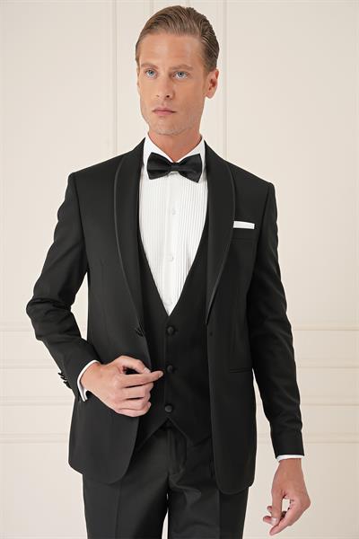 Slim Fit Çıkarılabilir Saten Yaka Cerutti Kumaş Yelekli Siyah Damatlık Smokin Takım Black 078