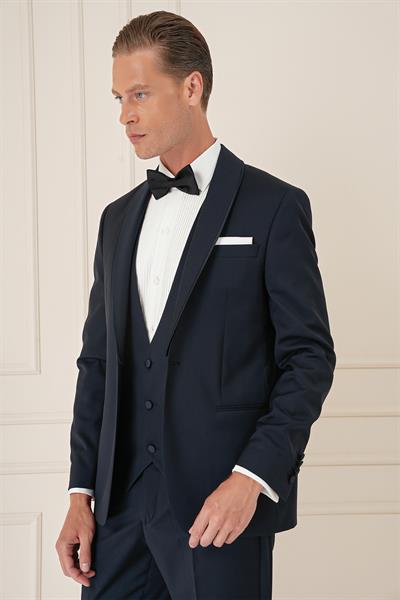 Slim Fit Çıkarılabilir Saten Yaka Cerutti Kumaş Yelekli Lacivert Damatlık Smokin Takım Black 078