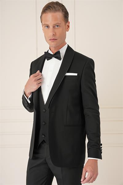 Slim Fit Çıkarılabilir Saten Yaka Cerutti Kumaş Yelekli Siyah Damatlık Smokin Takım Black 078