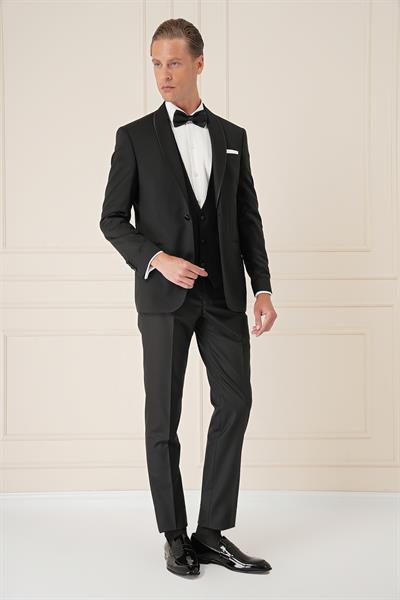 Slim Fit Çıkarılabilir Saten Yaka Cerutti Kumaş Yelekli Siyah Damatlık Smokin Takım Black 078