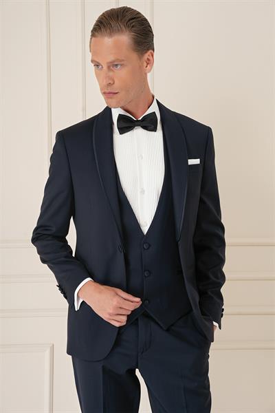 Slim Fit Çıkarılabilir Saten Yaka Cerutti Kumaş Yelekli Lacivert Damatlık Smokin Takım Black 078