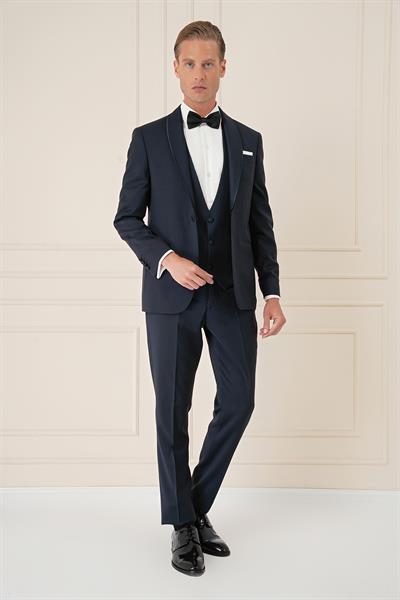 Slim Fit Çıkarılabilir Saten Yaka Cerutti Kumaş Yelekli Lacivert Damatlık Smokin Takım Black 078