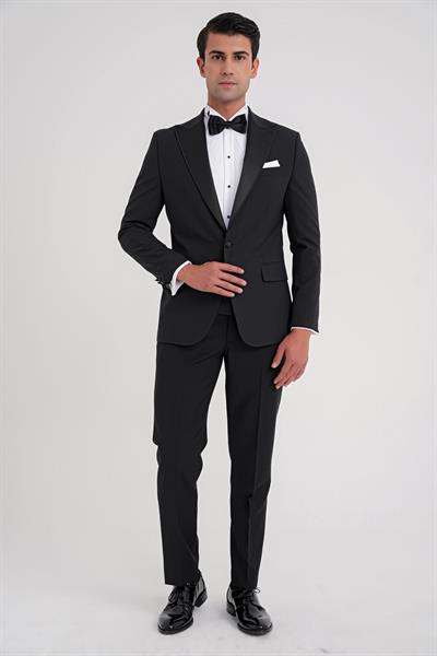 Slim Fit Çıkarılabilir Kırlangıç Saten Yaka Siyah Damatlık Smokin Takım Black 081