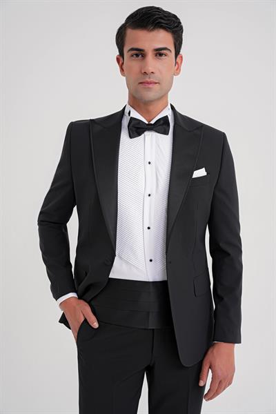Slim Fit Çıkarılabilir Kırlangıç Saten Yaka Siyah Damatlık Smokin Takım Black 081