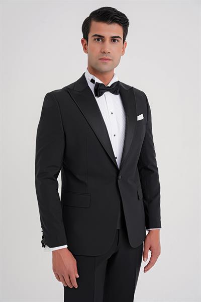 Slim Fit Çıkarılabilir Kırlangıç Saten Yaka Siyah Damatlık Smokin Takım Black 081