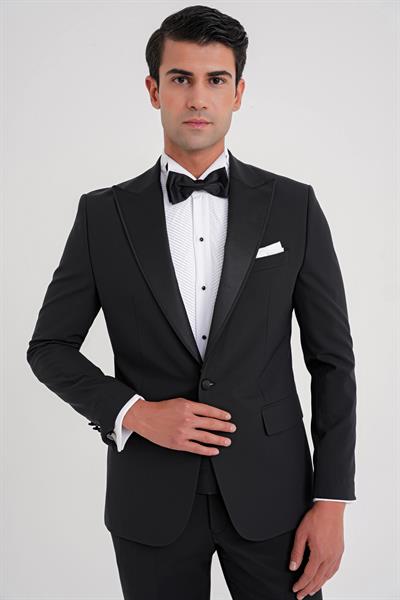 Slim Fit Çıkarılabilir Kırlangıç Saten Yaka Siyah Damatlık Smokin Takım Black 081