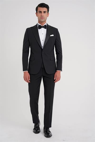 Slim Fit Çıkarılabilir Kırlangıç Saten Yaka Siyah Damatlık Smokin Takım Black 081