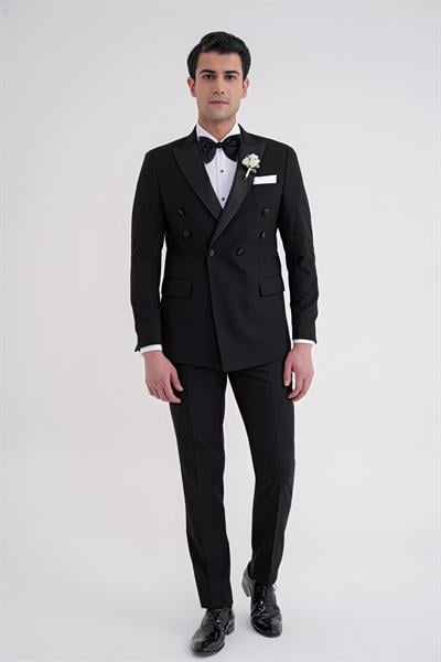 Slim Fit Çıkarılabilir Saten Yaka Kruvaze Siyah Damatlık Smokin Takım Black 082